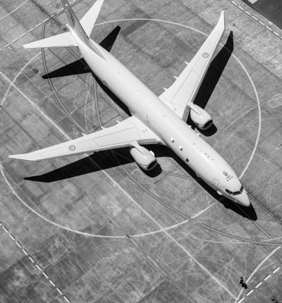 Aerial of P-8A on ground black and white